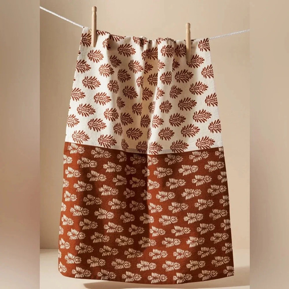 Anthropologie Dish Towel Block Print rust beige Trudy tea home decor cotton - Picture 1 of 4